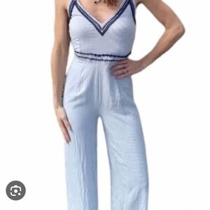 Japna Jumpsuit Womens XL Blue White Striped Embroidered V Neck Smocked Back